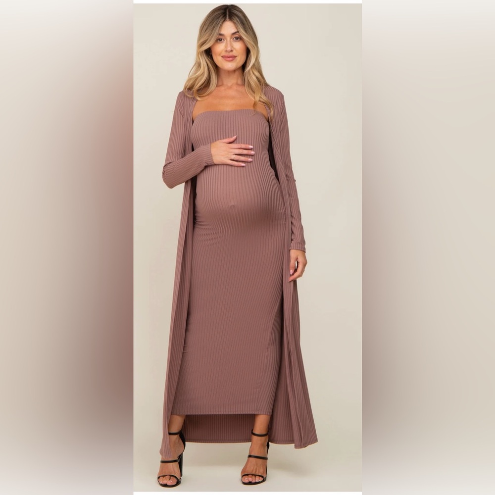 Mocha Ribbed Sleeveless Dress Cardigan Maternity Set